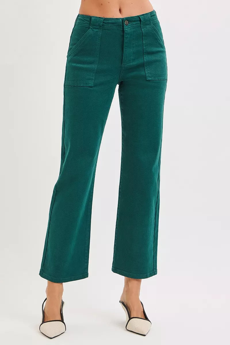 HUNTER GREEN RISEN High Rise Ankle Flare Patch Pocket Jeans | Daverri Fashions