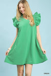 Vibrant green Umgee Seersucker Ruffle Shift Dress with textured A-line, short ruffled sleeves, V-neckline