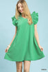 Vibrant green Umgee Seersucker Ruffle Shift Dress with textured A-line, short ruffled sleeves, V-neckline