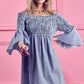 BiBi Smocked Off Shoulder Blue and White Striped Dress