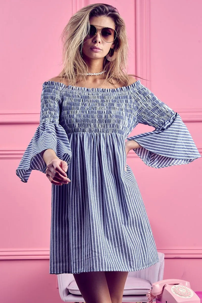 BiBi Smocked Off Shoulder Blue and White Striped Dress