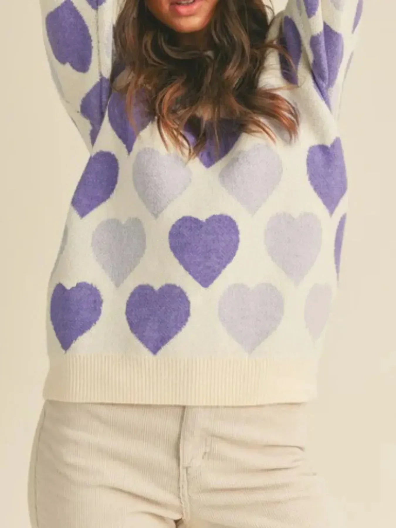 Heart Ribbed Hem Long Sleeve Sweater - DAVERRI FASHIONS