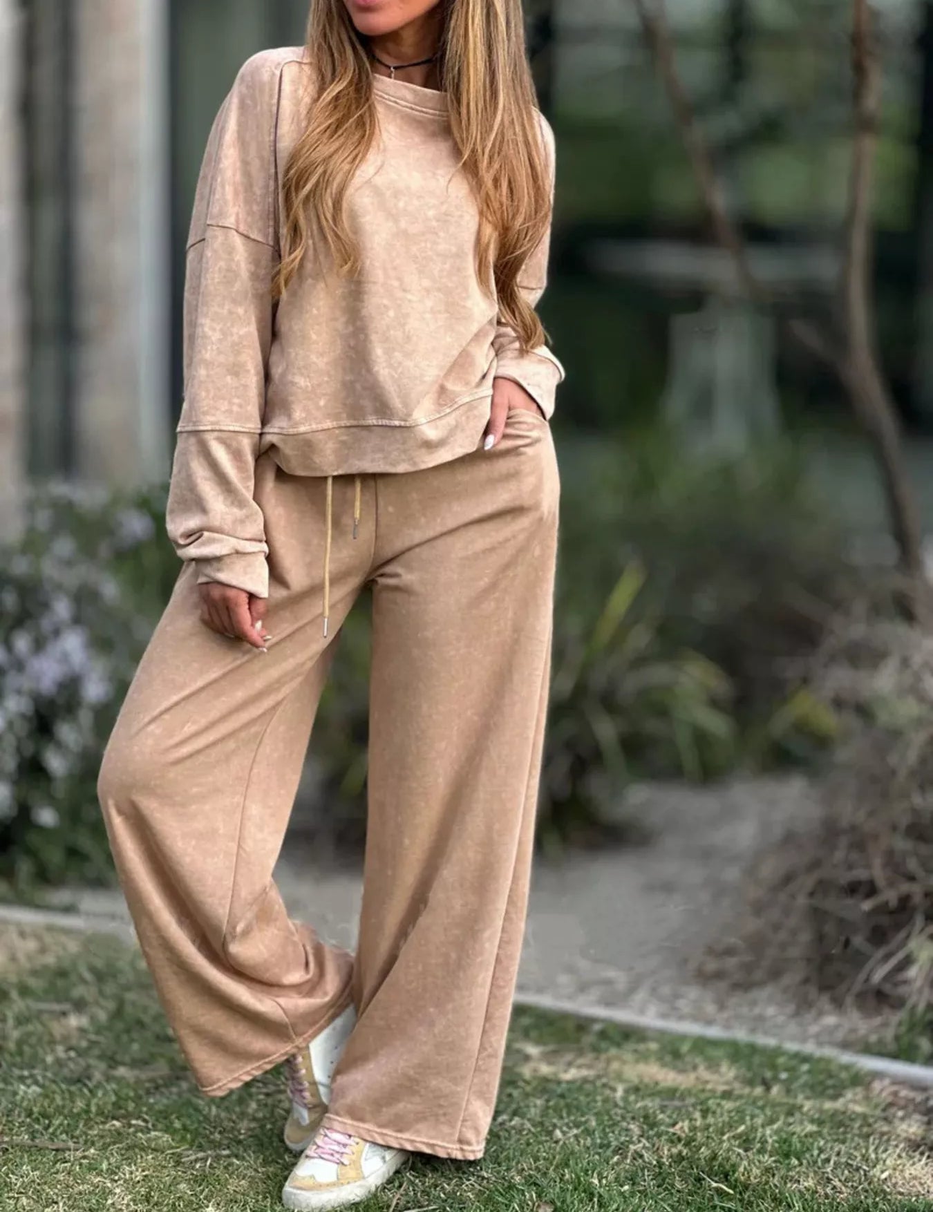 Khaki Full Size Round Neck Long Sleeve Top and Pants Set Plus Size | Loungewear Sets Daverri Fashions