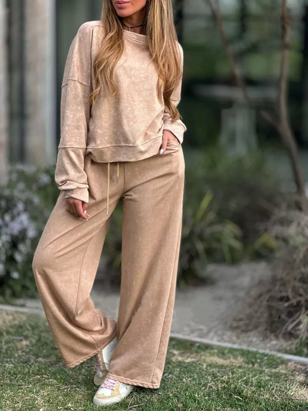 Khaki Full Size Round Neck Long Sleeve Top and Pants Set Plus Size | Loungewear Sets Daverri Fashions