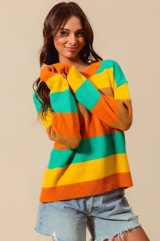 SO ME Multi Color Stripe Sweater with Ribbed Detail - DAVERRI FASHIONS