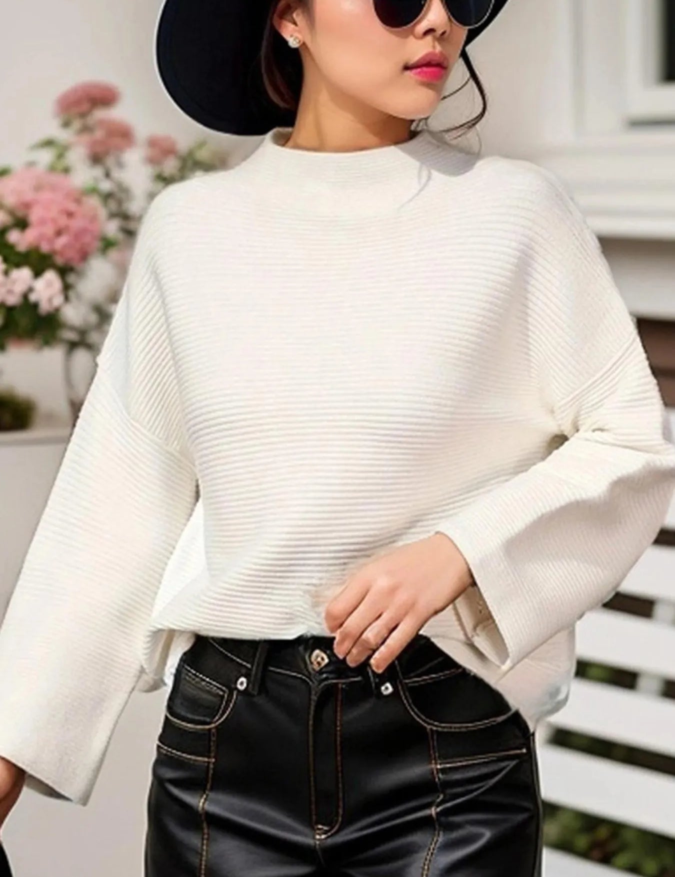White Mock Neck Drop Shoulder Knit Top | Knit Tops Daverri Fashions