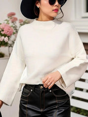 White Mock Neck Drop Shoulder Knit Top | Knit Tops Daverri Fashions