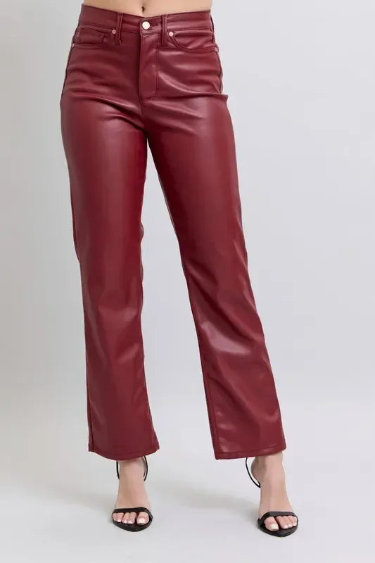 Judy Blue High Waist Tummy Control Faux Leather Straight Pants Plus Size - DAVERRI FASHIONS
