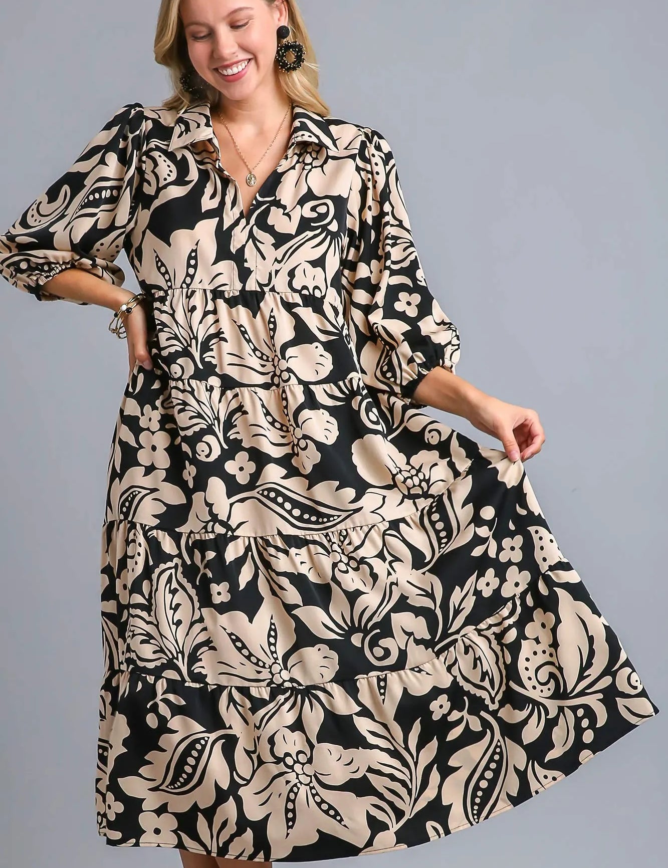 Black Umgee Floral Print Tiered Midi Dress | Midi Dresses Daverri Fashions