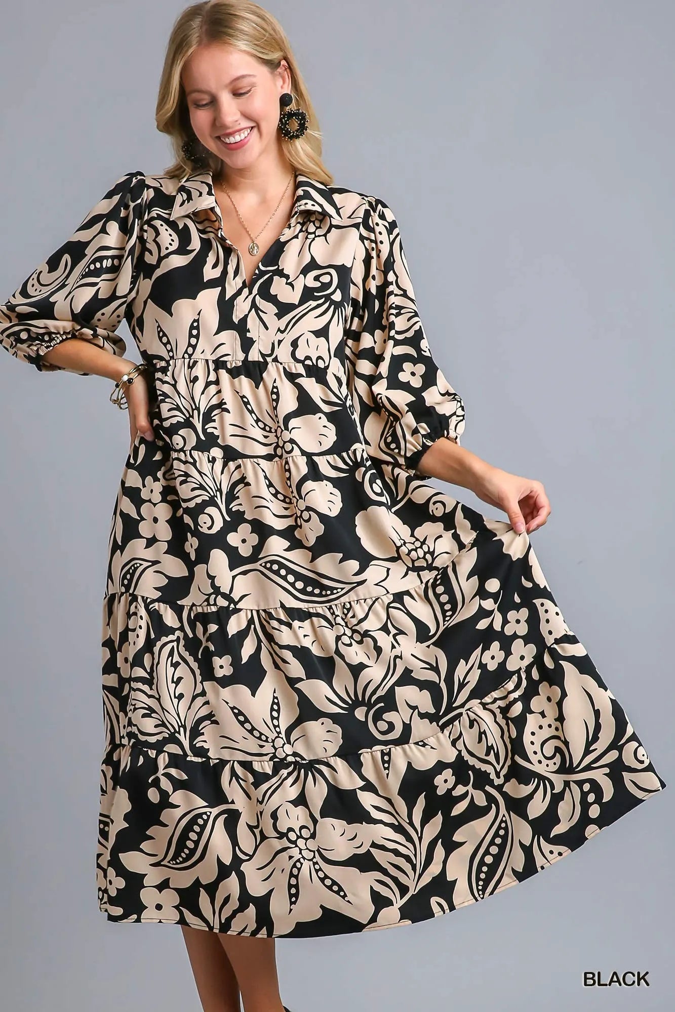Umgee Floral Print Tiered Midi Dress Black Midi Dresses