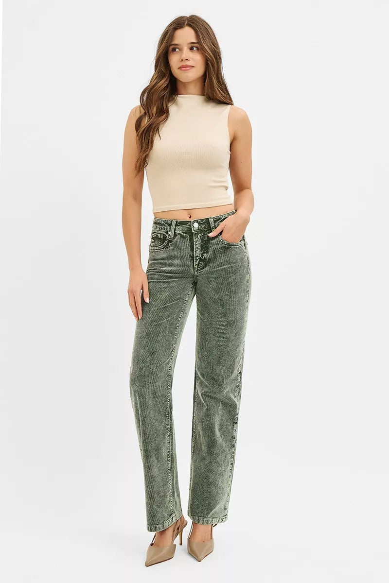RISEN Tummy Control Mid Rise Straight Leg Corduroy Pants | Daverri Fashions