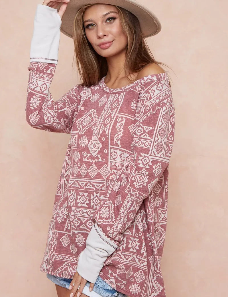 BiBi Aztec Print French Terry Top with Thumb Opening | Tops Daverri Fashions
