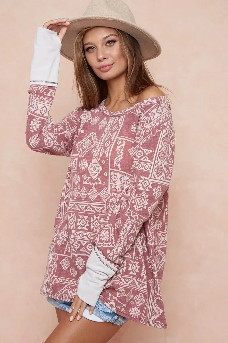 BiBi Aztec Print French Terry Top with Thumb Opening - DAVERRI FASHIONS