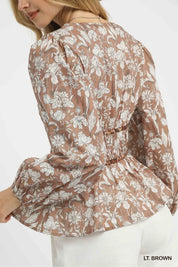 Umgee Floral Smocked Peplum Blouse with Tie Detail | Blouses Daverri Fashions