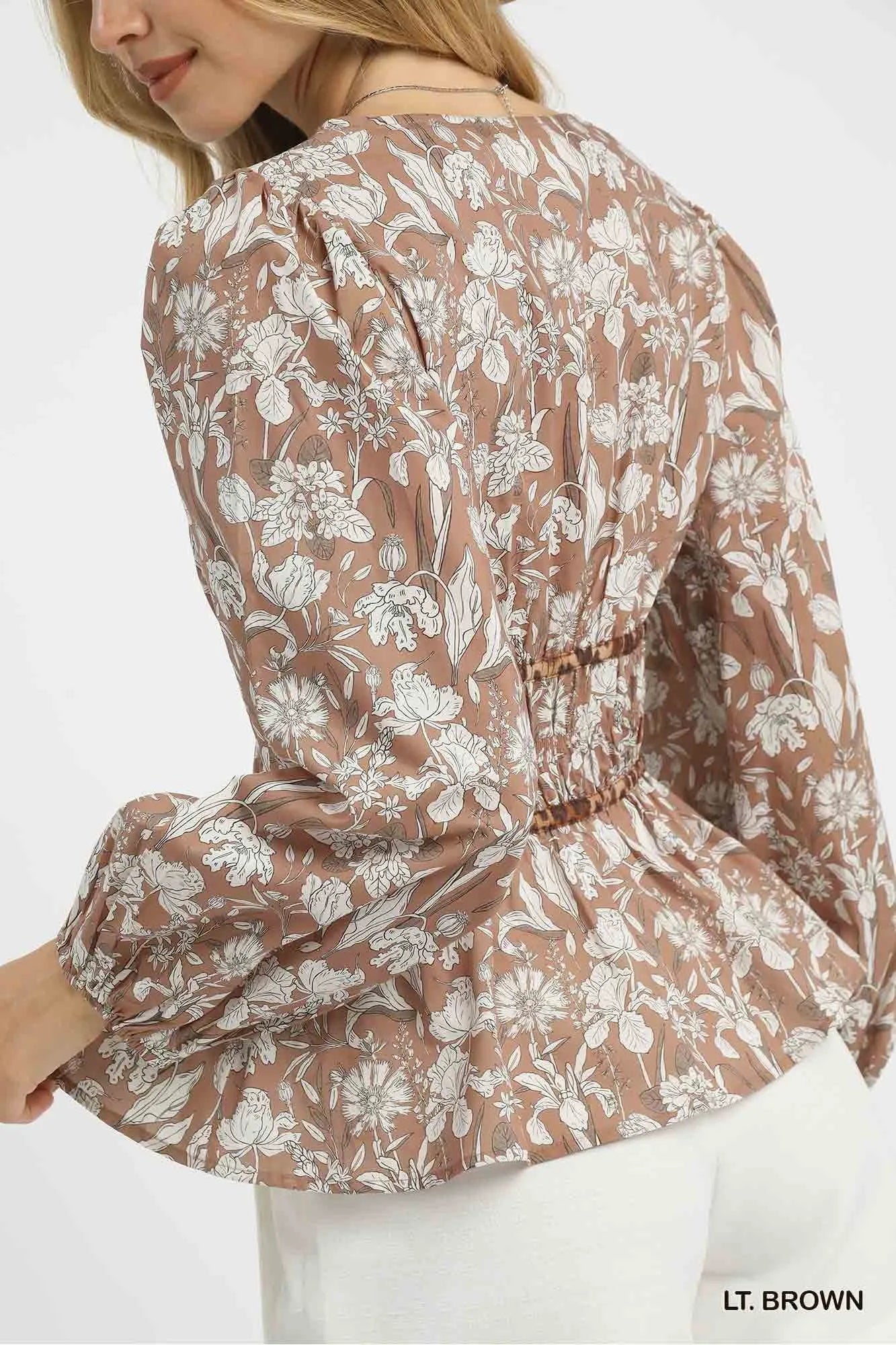 Umgee Floral Smocked Peplum Blouse with Tie Detail Blouses