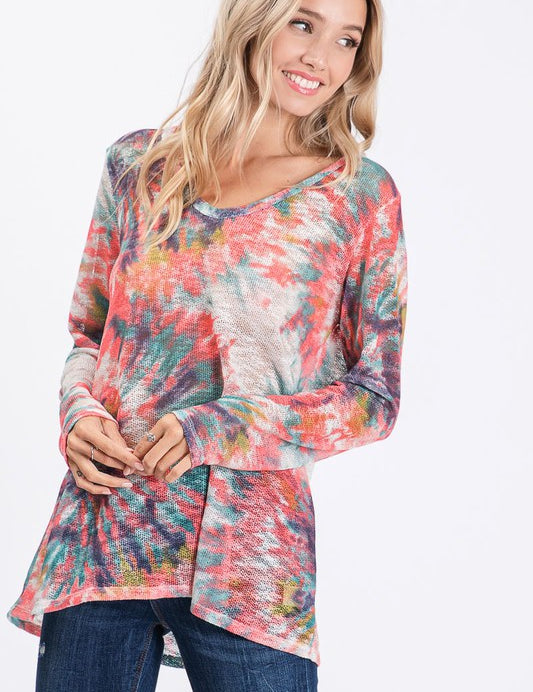 BiBi Tie Dye V-Neck Long Sleeve Hacci T-Shirt