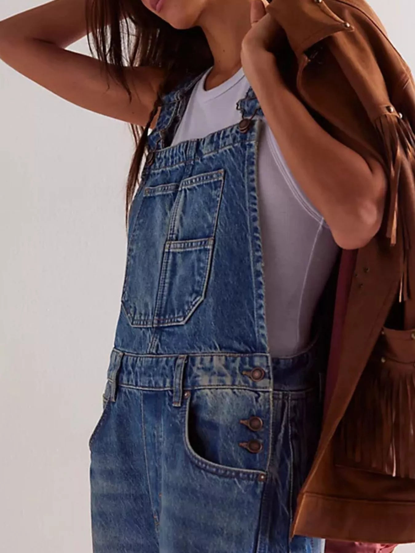 Wide strap wide leg denim overalls with front pockets and buttons