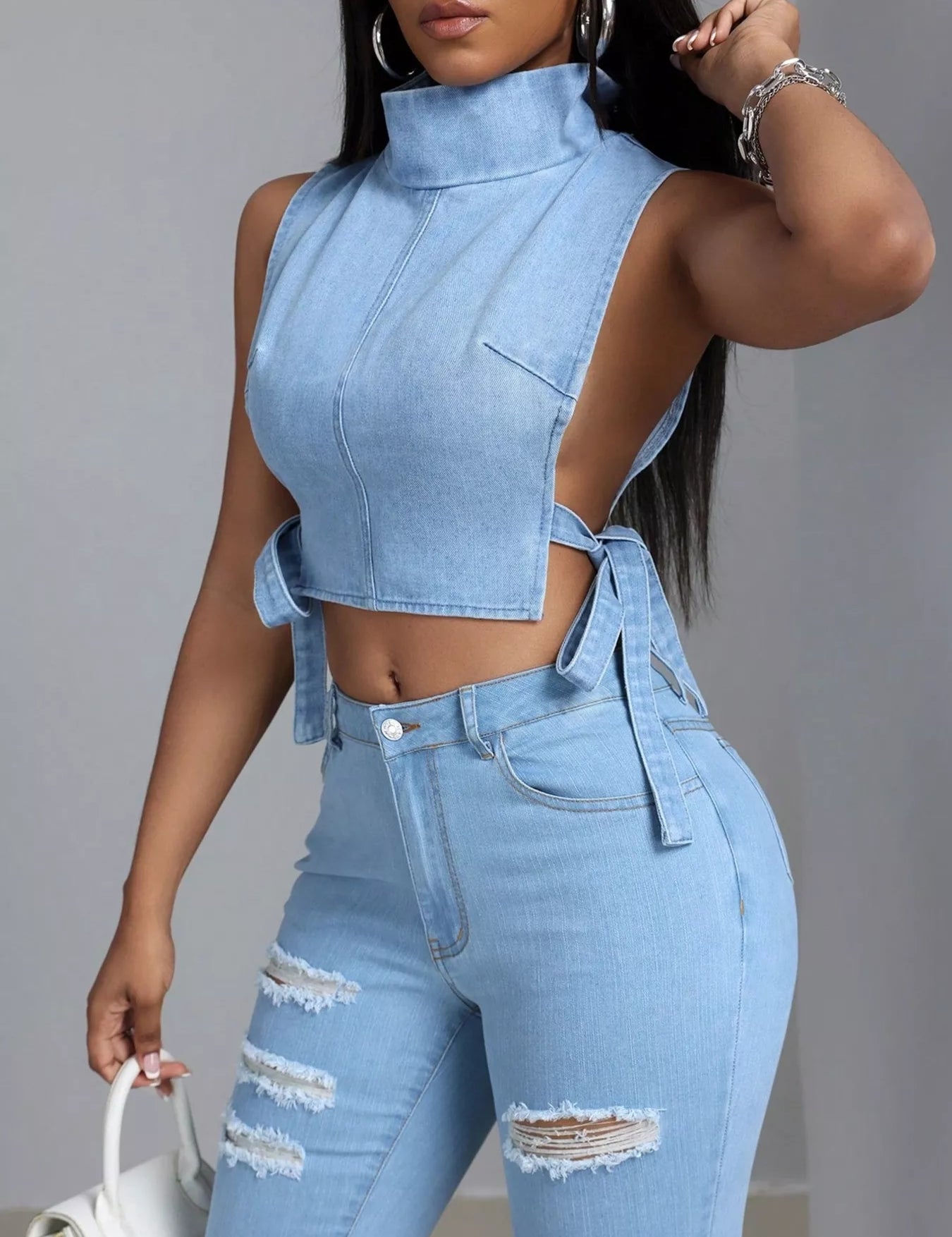 Sleeveless Cropped Denim Turtleneck Top with Side Tie Details | Tops Daverri Fashions