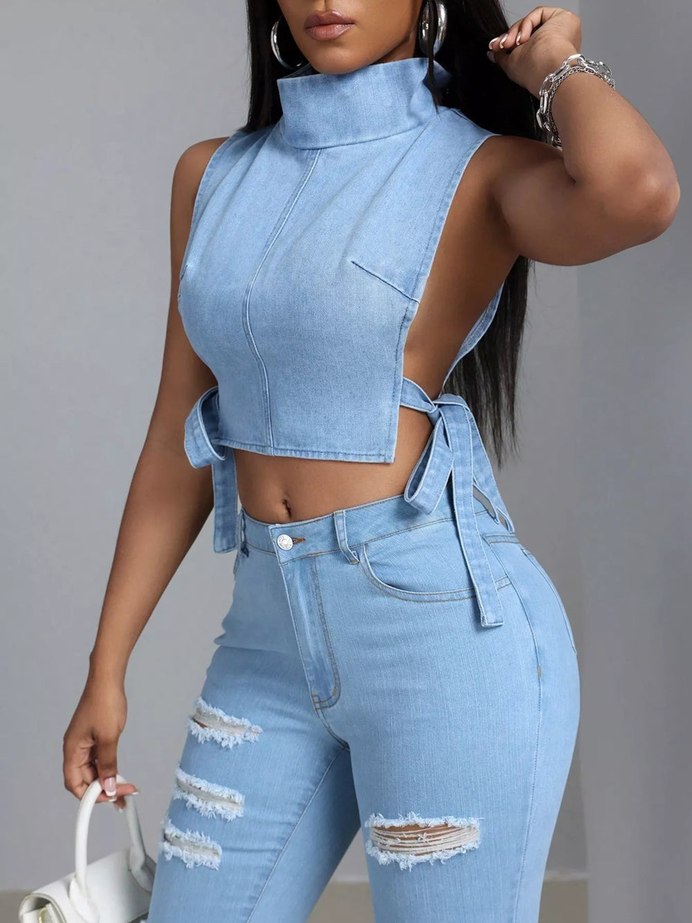 Sleeveless Cropped Denim Turtleneck Top with Side Tie Details | Tops Daverri Fashions