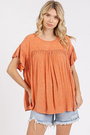 Mittoshop Mineral Washed Round Neck Ruffle Sleeve Blouse Clay