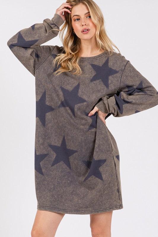 SAGE + FIG Washed Star Print Round Neck Dress Dark Gray M Midi Dresses