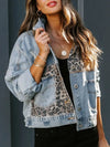 Distressed Leopard Drop Shoulder Denim Jacket - DAVERRI FASHIONS