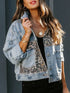 Distressed Leopard Drop Shoulder Denim Jacket - DAVERRI FASHIONS