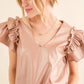 And The Why Faux Leather Ruffle Sleeves V Neck Top - DAVERRI FASHIONS