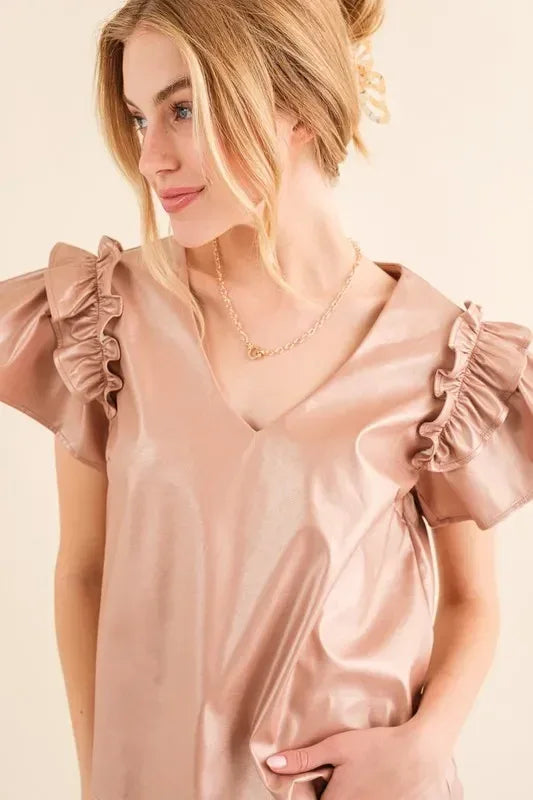 And The Why Faux Leather Ruffle Sleeves V Neck Top - DAVERRI FASHIONS
