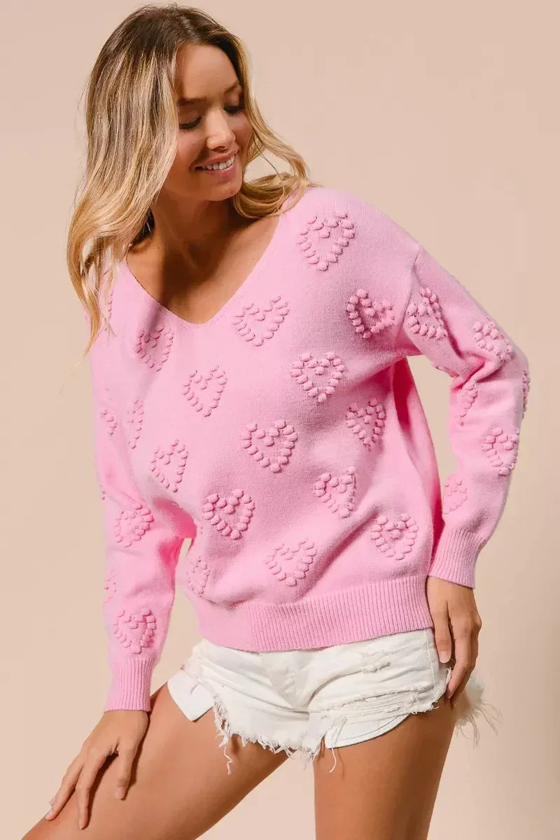 BiBi Valentines Heart Pompom V Neck Knit Top - DAVERRI FASHIONS