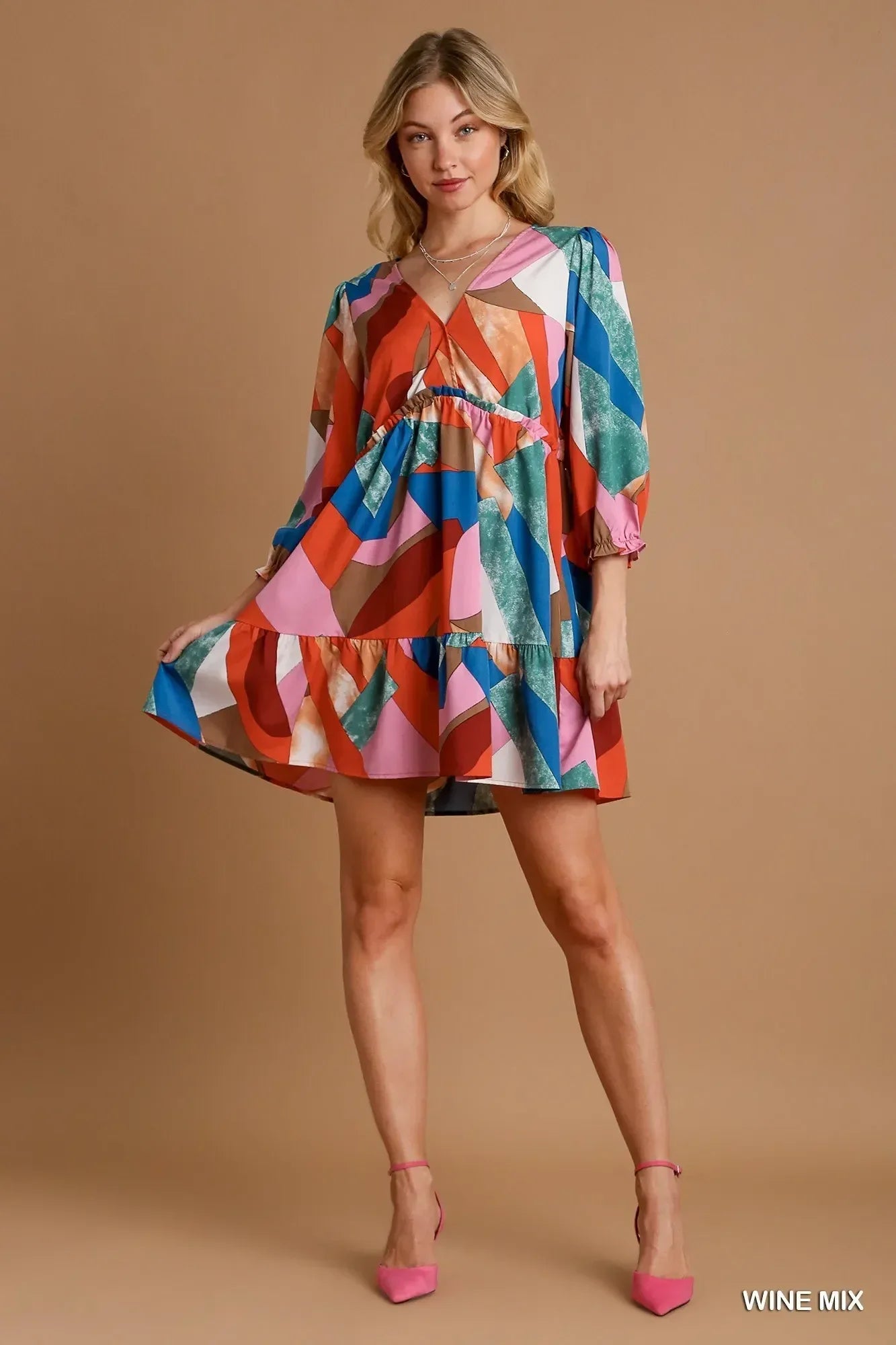Umgee Abstract V-Neck Tiered Printed Dress - DAVERRI FASHIONS
