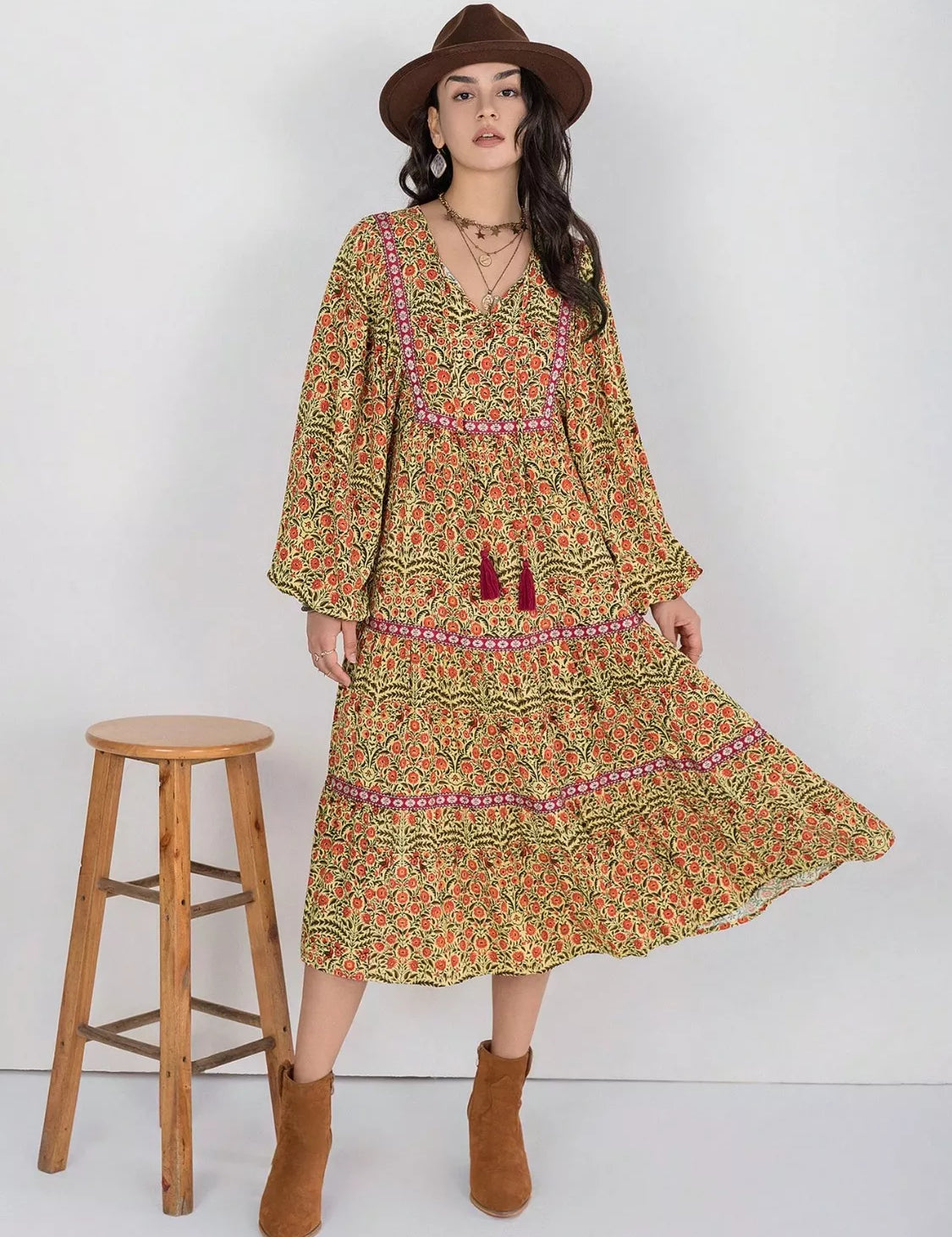 Mustard Floral Tiered Midi Dress with Balloon Sleeves | Midi Dresses Daverri Fashions