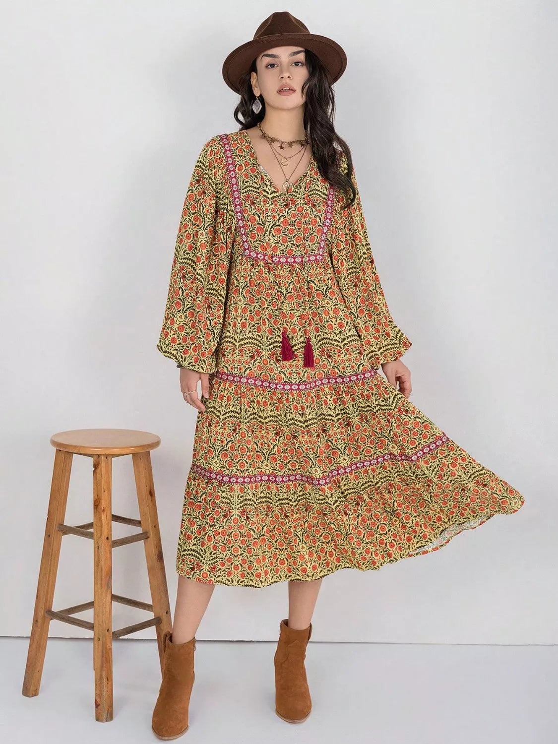 Mustard Floral Tiered Midi Dress with Balloon Sleeves | Midi Dresses Daverri Fashions