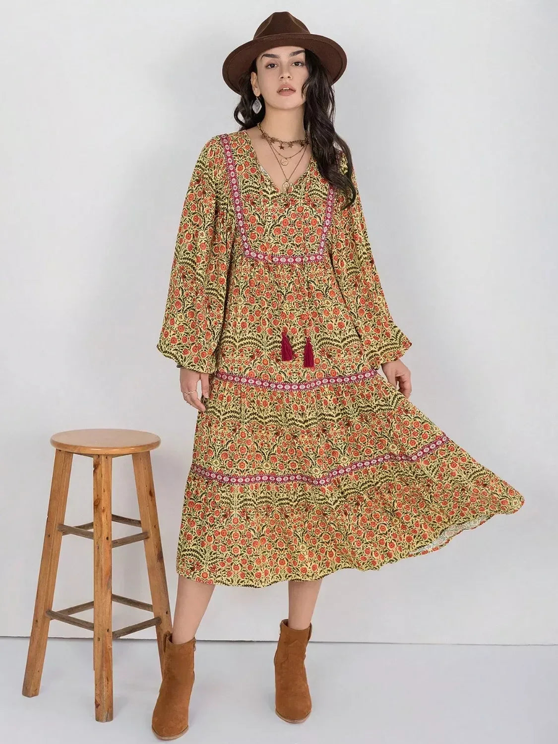 Floral Tiered Midi Dress with Balloon Sleeves - DAVERRI FASHIONS