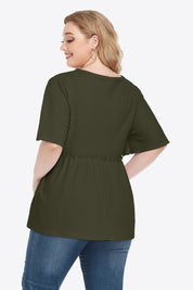 Olive green plus size buttoned V-neck frill trim babydoll blouse