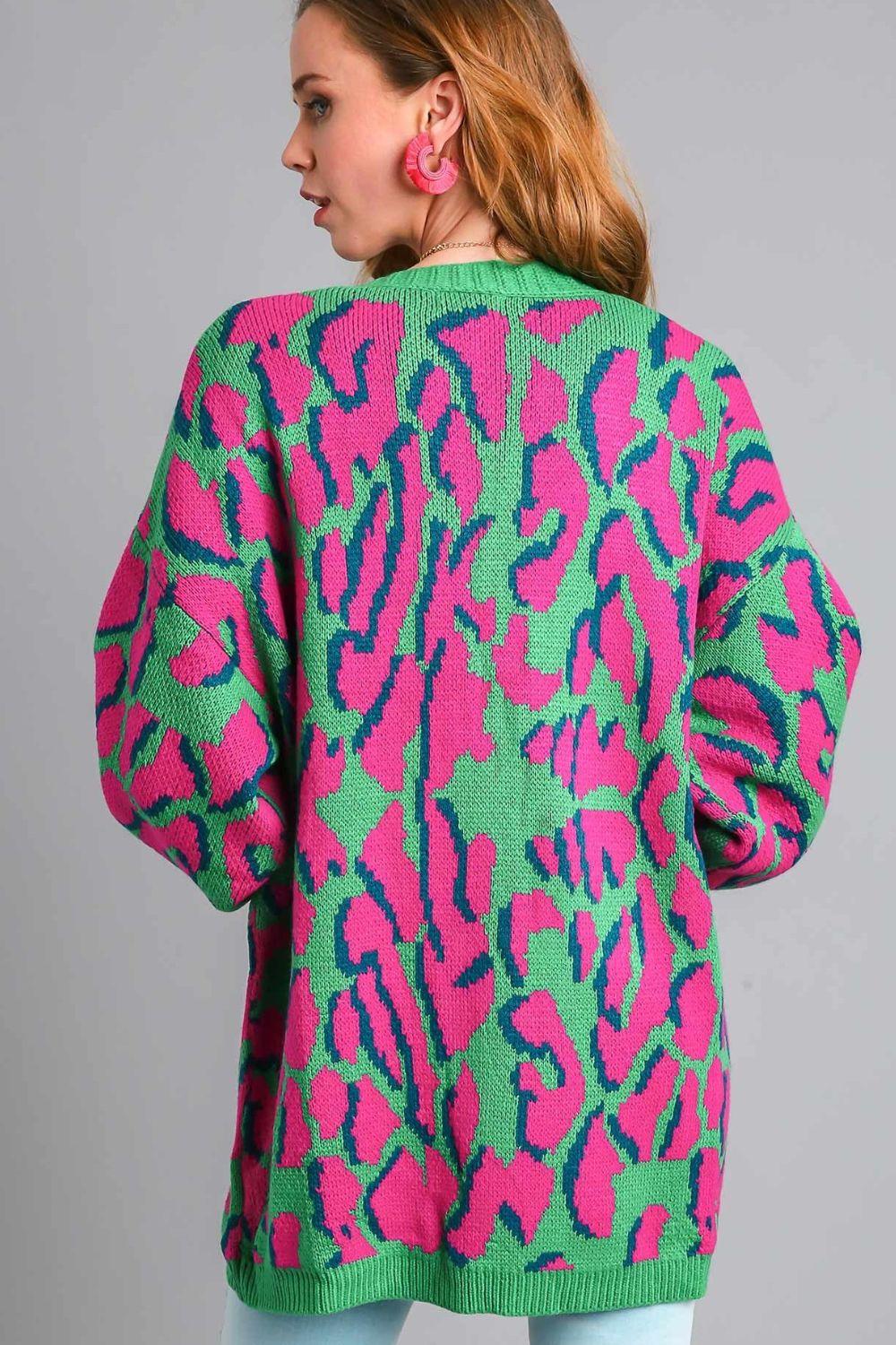 Umgee Full Size Animal Print Open Front Cardigan with Side Pockets Cardigans