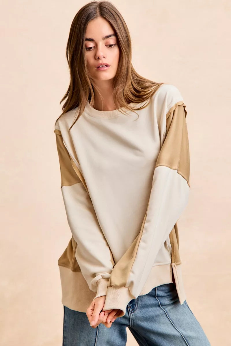 BiBi French terry color block sweatshirt in beige and tan, relaxed fit
