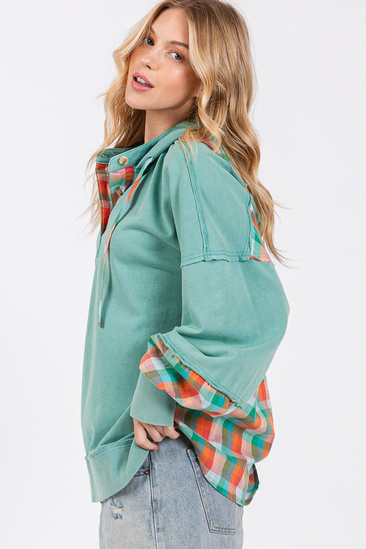 SAGE + FIG Full Size Plaid Print Washed Hoodie Hoodies