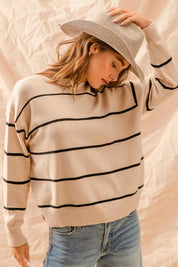 OATMEAL BLACK L SO ME Stripe Crew Neck Basic Essential Sweater | Sweaters Daverri Fashions
