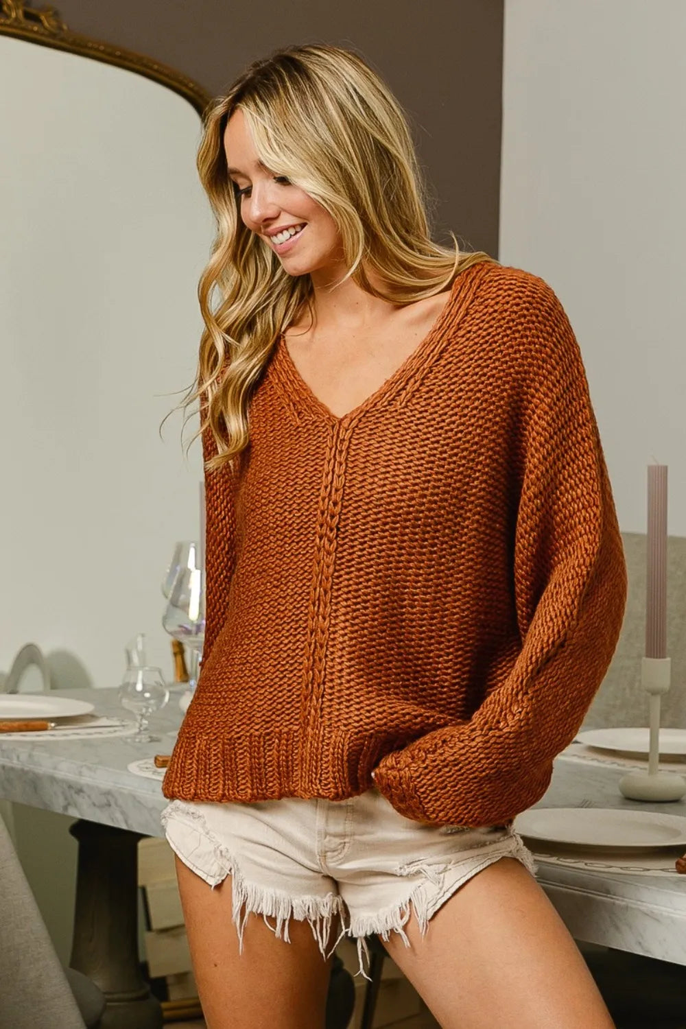 BiBi V-Neck Cable Knit Sweater | Sweaters Daverri Fashions