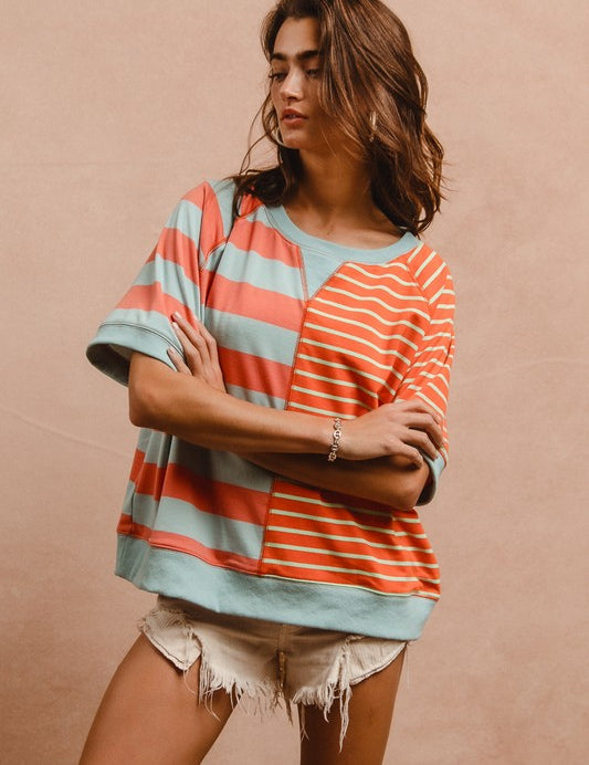 BiBi Striped Round Neck Half Sleeve French Terry Top Tops