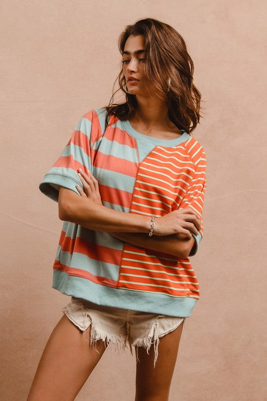 BiBi Striped Round Neck Half Sleeve French Terry Top Tops