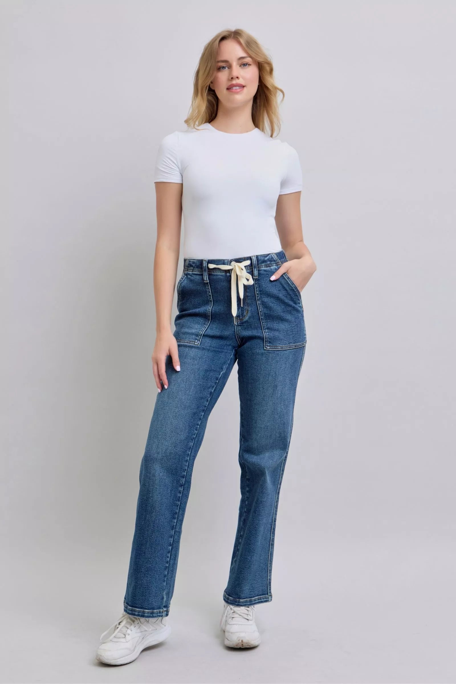 Judy Blue drawstring straight jeans with pockets, high-waisted blue denim