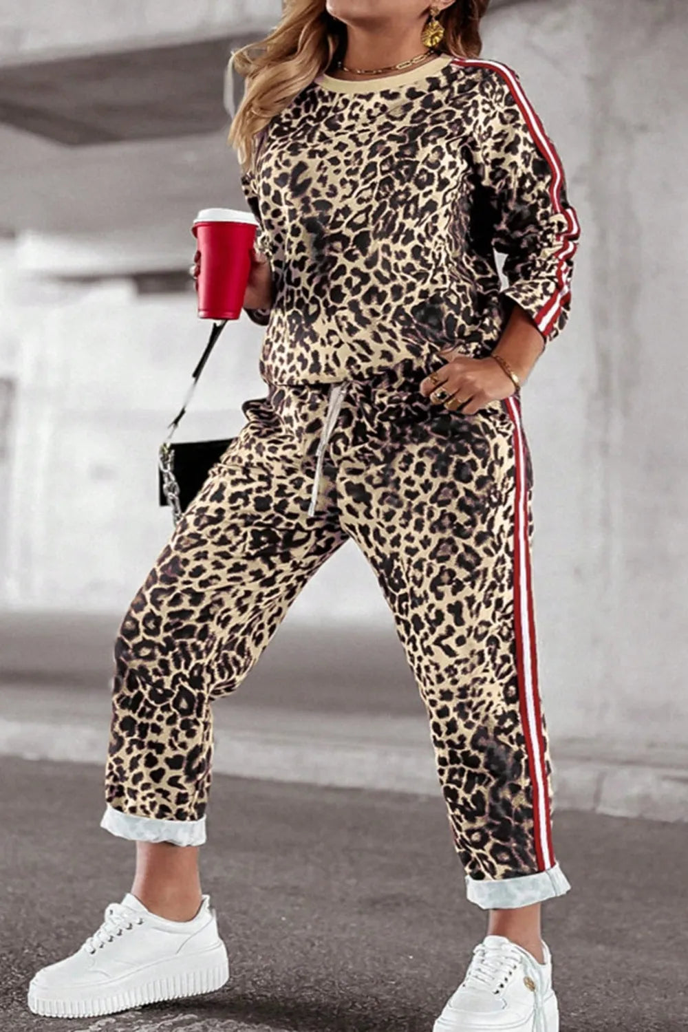 Plus Size Leopard Round Neck Top and Pants Set | Loungewear Sets Daverri Fashions