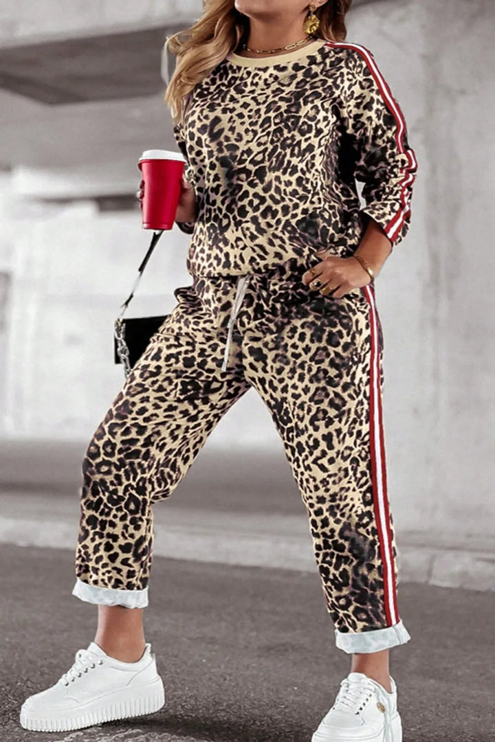 Plus Size Leopard Round Neck Top and Pants Set | Loungewear Sets Daverri Fashions