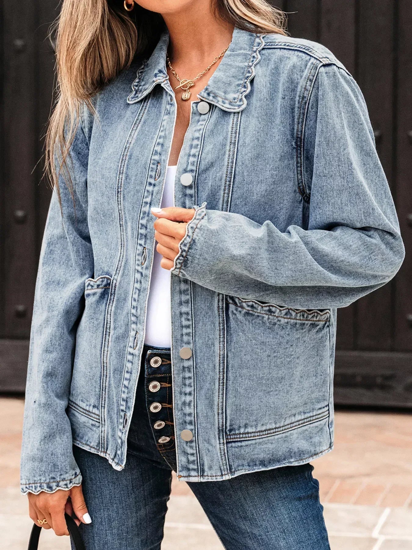 Scallop Trim Collar Patched Pocket Button Up Denim Jacket - DAVERRI FASHIONS