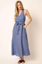 Mittoshop Cross Back Belted V Neck Tank Maxi Dress Dusty Blue