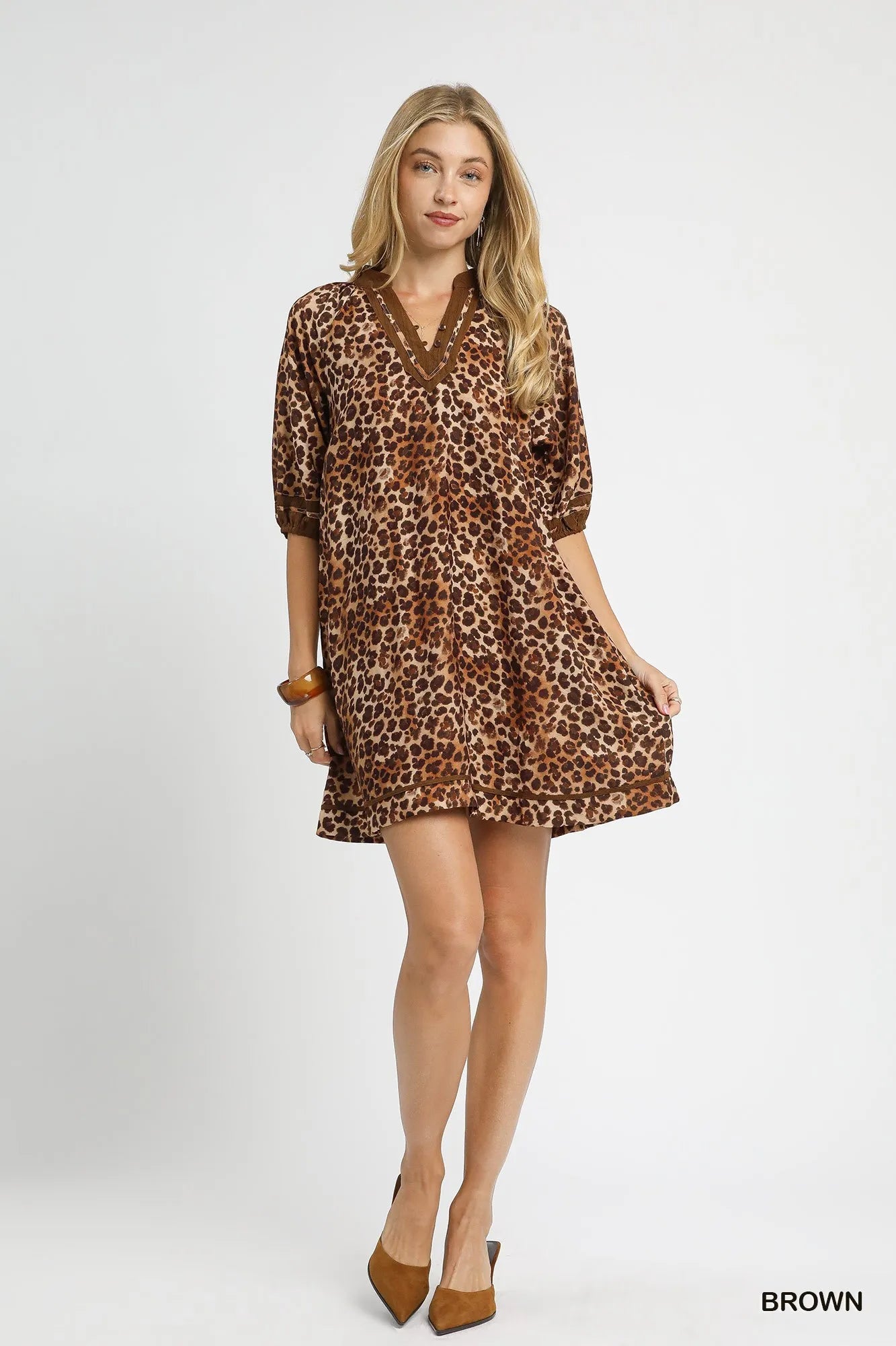 Umgee Full Size Leopard Print Mini Dress with Contrast Trim Plus Size Dresses
