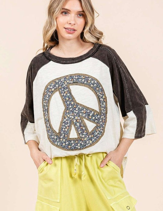 Mittoshop Peace Sign Patch Mineral Washed T-Shirt IVORY BLACK