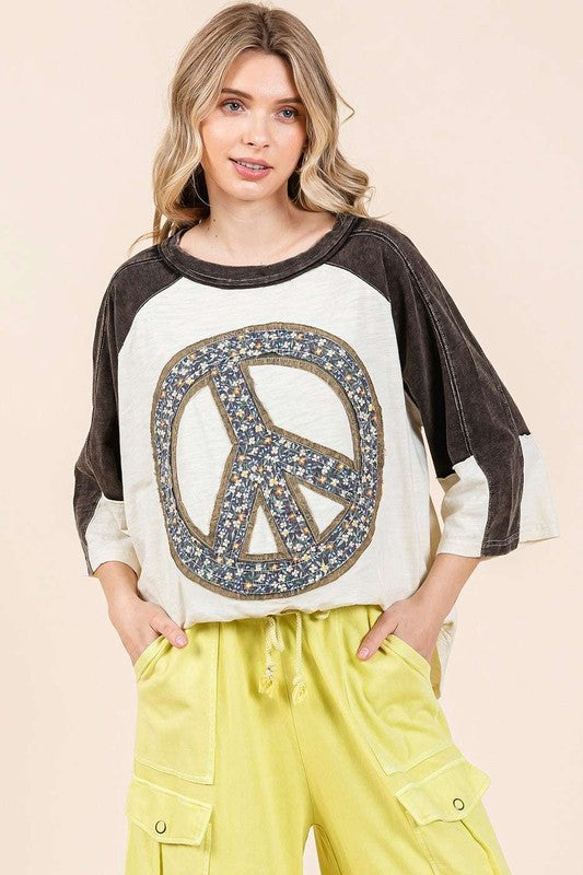 Mittoshop Peace Sign Patch Mineral Washed T-Shirt IVORY BLACK